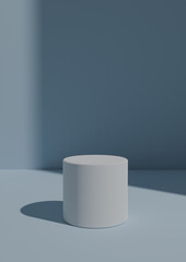 Simple, Minimal 3D Render Light, Pastel Blue Background for Product Display with One Stand or Cylinder Podium. Bright Light From a Window From the Right Side with Copy Space