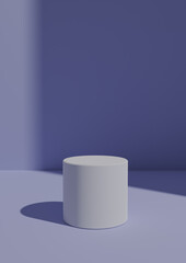 Simple, Minimal 3D Render Pastel Purple Background for Product Display with One Stand or Cylinder Podium. Bright Light From a Window From the Right Side with Copy Space