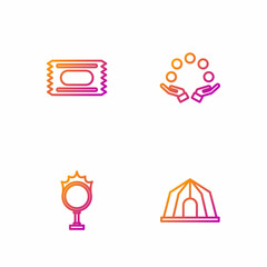 Set line Circus tent, fire hoop, ticket and Juggling ball. Gradient color icons. Vector