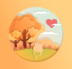 Cats in love in the forest under a tree with a heart. Valentine's Day greeting card. Vector illustration in the style of paper cut.