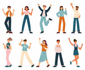 Happy excited people with positive ok, peace and heart gestures. Cheerful male and female characters body language vector illustration set. People show positive gestures