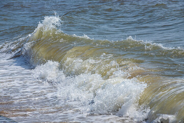 Sea wave with spray and foam near the shore
