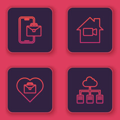 Set line Freelancer, Heart with text work, Video camera Off in home and Online working. Blue square button. Vector