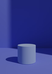 Simple, Minimal 3D Render Blue Background for Product Display with One Stand or Cylinder Podium. Bright Light From a Window From the Right Side with Copy Space