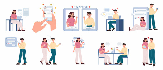 Online dating mobile app, cute couple romantic relationships. Mobile app communication, perfect match, relationship and love vector illustration set. Romantic dating app - obrazy, fototapety, plakaty