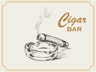 Smoking Cigar With Ashtray. Bar Smoking Cigar With Ashtray. Bar