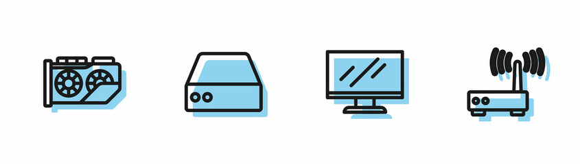 Set line Computer monitor screen, Video graphic card, Server, Data, Web Hosting and Router and wi-fi signal icon. Vector