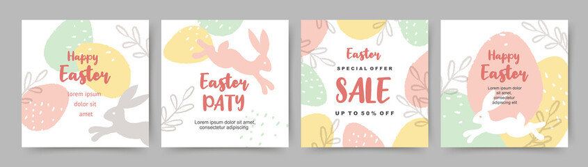  Happy Easter square banners templates. Cute bunny and eggs in pastel colors.Vector backgrounds for social media posts, mobile apps, greeting cards, invitations, banner design and web ads, sale poster