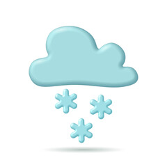 3D cloud snowflake weather icon. Mobile element cloudy camp travel logo. Winter cold snowy weather forecast map app. Glowing vector illustration