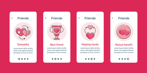 Friends onboarding mobile app screens. Sympathy, best friends, helping hands, mutual benefit. Relationships steps menu. Set of UI, UX, web template with RGB color linear icons