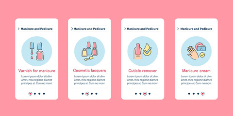  Cosmetology onboarding mobile app. Cosmetic lacquers, remover, cream. Manicure and pedicure steps menu. Set of UI, UX, web template with RGB color linear icons