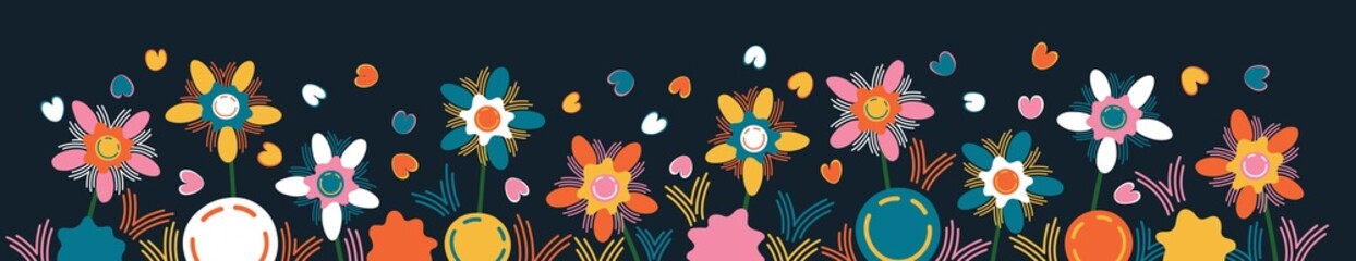 Smiling flowers. Large floral banner with different bright flowers. Rich flowery meadow. Design elements for decoration. Vector