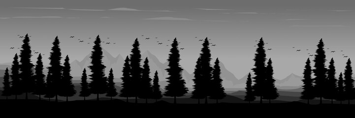 monochrome mountain landscape forest silhouette vector illustration good for wallpaper, background, backdrop, banner, header, tourism design, mountain travel design and design template