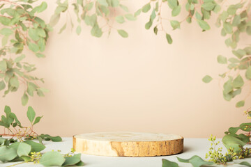 Wood slice podium on beige background for cosmetic product mockup