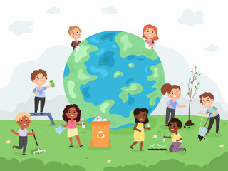Kids take care of earth, day, environment protection kindergarten activity. Children help to protect the world vector illustration set. Kids saving earth from waste