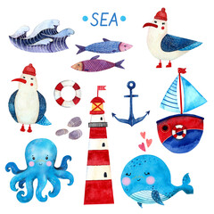 Watercolor cartoon sea set. Seagulls, boat, octopus, whale, lighthouse. Hand draw illustrations. - 487077953