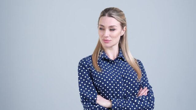 Lady broker cross hands egoistic best worker isolated white color background