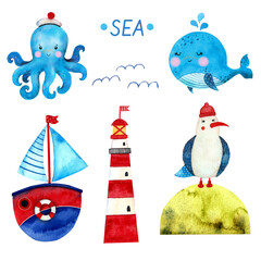 Watercolor cartoon sea set. Seagulls, boat, octopus, whale, lighthouse. Hand draw illustrations. - 487078124