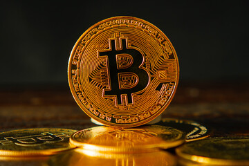 BTC gold coin stands among the scattered coins on a dark wooden background. Bitcoin cryptocurrency. Blockchain technology. Close-up.