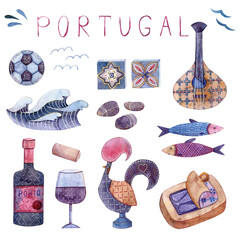 Watercolor Portugal illustrations, red wine, glass, guitar, cockerel, sardine, wave. - 487078304