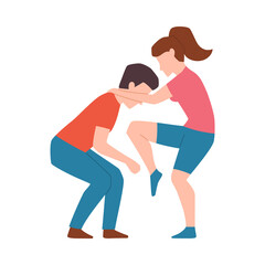 Woman beats man in self-defense fight, flat vector illustration isolated.