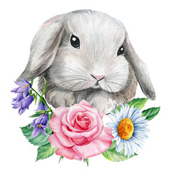 Watercolor Cute bunny with wild flowers. Animal illustration. Easter bunnies, watercolor painting, poster for children