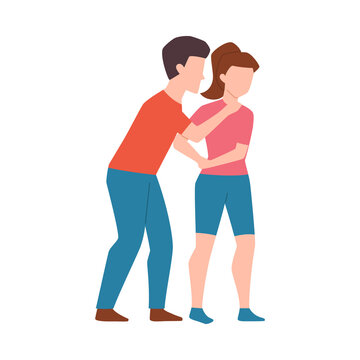 Woman defends herself from attacking man, flat vector illustration isolated.