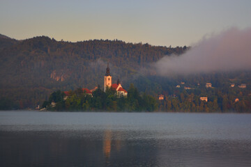 Bled with lake, island and mountains in background, Slovenia, Europe