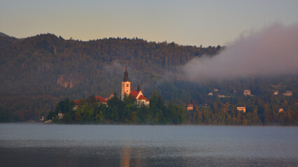 Bled with lake, island and mountains in background, Slovenia, Europe