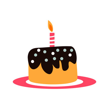 Cute Cartoon Image of Birthday Cake With Candles. Isolated On White. Vector Icon.