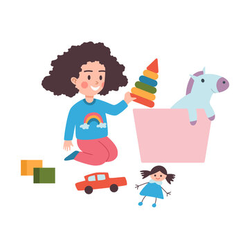 Kid Collects Her Toys And Cleans Up House, Flat Vector Illustration Isolated.