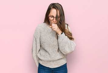 Young blonde woman wearing casual sweater and glasses feeling unwell and coughing as symptom for cold or bronchitis. health care concept. - obrazy, fototapety, plakaty