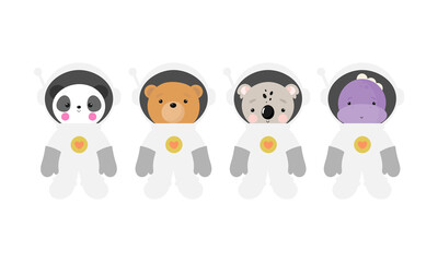 Vector set with Cosmonaut Animals in cartoon style.  Bear, Panda, Koala, Dinosaur in space suits. Good for party invitations, birthday cards, stickers, prints etc.