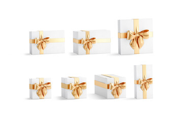 Blank white gift box with gold ribbon mockup, different types