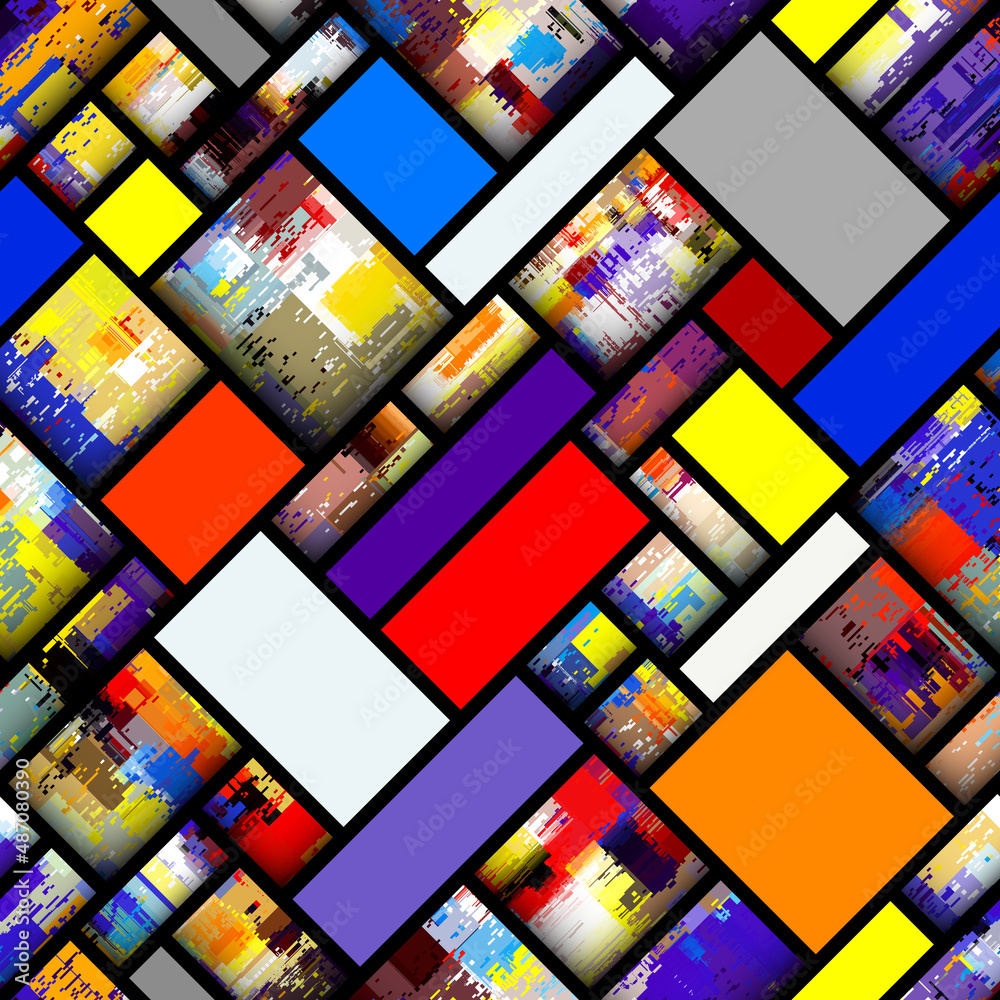 Poster Mondrian style design. Seamless vector pattern. Abstract square texture