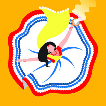 Happy Navratri, illustration of women dancing with dhunuchi in hand For Durga Puja