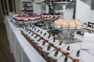 Dessert on the table. Wedding desserts. Wedding table. Serving. Cakes. Fruits. Food