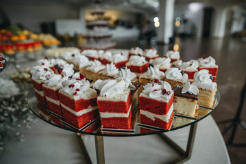 Dessert on the table. Wedding desserts. Wedding table. Serving. Cakes. Fruits. Food