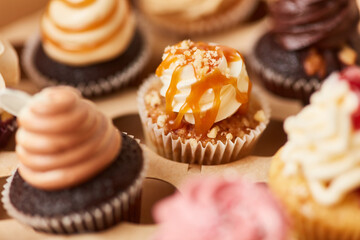 Viele Cupcakes mit Karamellsauce und anderen Toppings