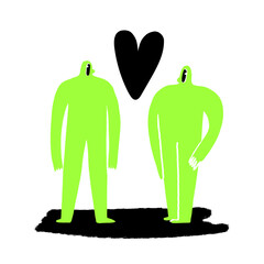 Contemporary couple of aliens in love, abstract people with heart between them. Valentine's Day neon greeting card