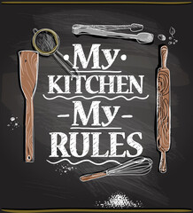 Quote chalk style card - my kitchen, my rules, vector lettering illustration on a chalkboard