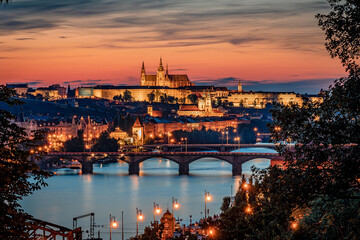 night, prague, city, river, bridge, europe, architecture, castle, water, church, sunset, travel,...