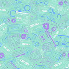 Vector nostalgic 80s 90s retro cassette tape, boombox, tape player, tape recorder seamless repeat pattern background. Perfect for fabric, wallpaper, wrapping paper, scrapbooking projects. 