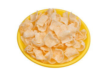 potato chips in yellow plate isolated on white background