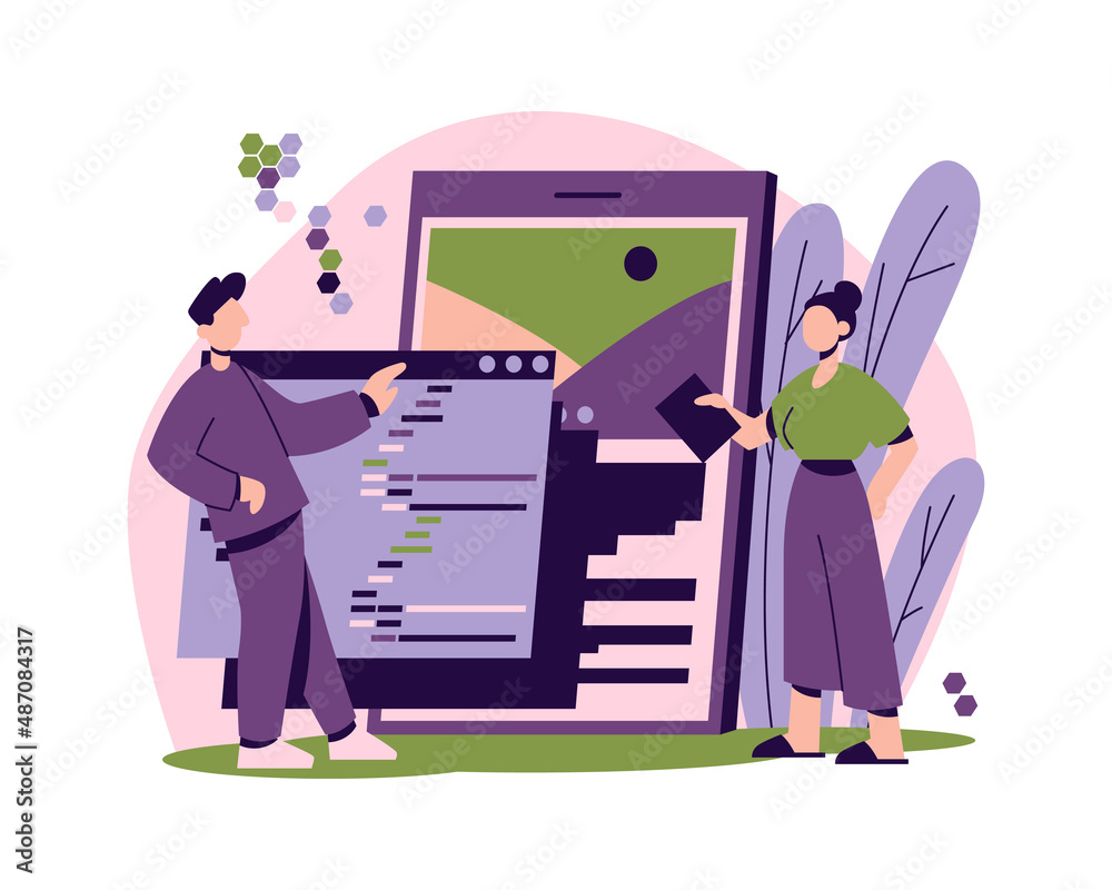 Poster application and software development and improvement, cartoon presentation to boss. vector programme