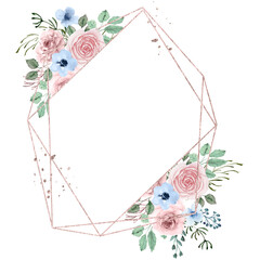 Floral Polygonal Gem Frame, Watercolor Flower geometric Crystal Frame, Decorative Illustration with Light Blue, Pink Roses and Green leaves, Dusty Pink Peony Greenery Background - obrazy, fototapety, plakaty