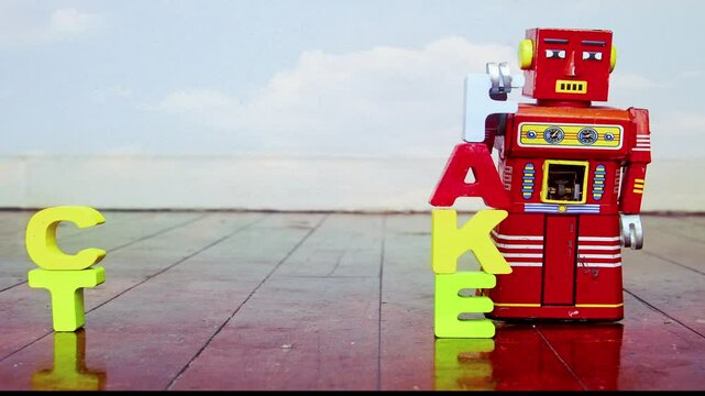 retro robot toy fack checking stop  motion film 