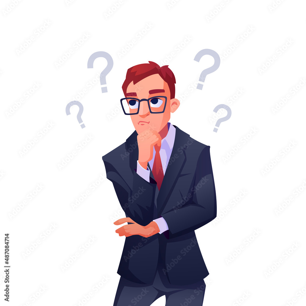 Poster Thoughtful businessman posing question and finding best solution. Vector brainstorming man wearing suit and glasses. CEO or boss, leader or corporate thinking on startup idea for improvement at work