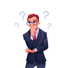 Thoughtful businessman posing question and finding best solution. Vector brainstorming man wearing suit and glasses. CEO or boss, leader or corporate thinking on startup idea for improvement at work