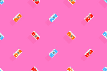 Seamless pattern from old drawn cameras. Background on the theme of photography and photographic equipment.